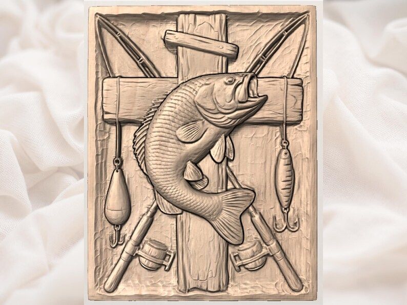 Trophy Bass and Crossed Rods Fishing Relief STL Panel bas-relief STL — view 2