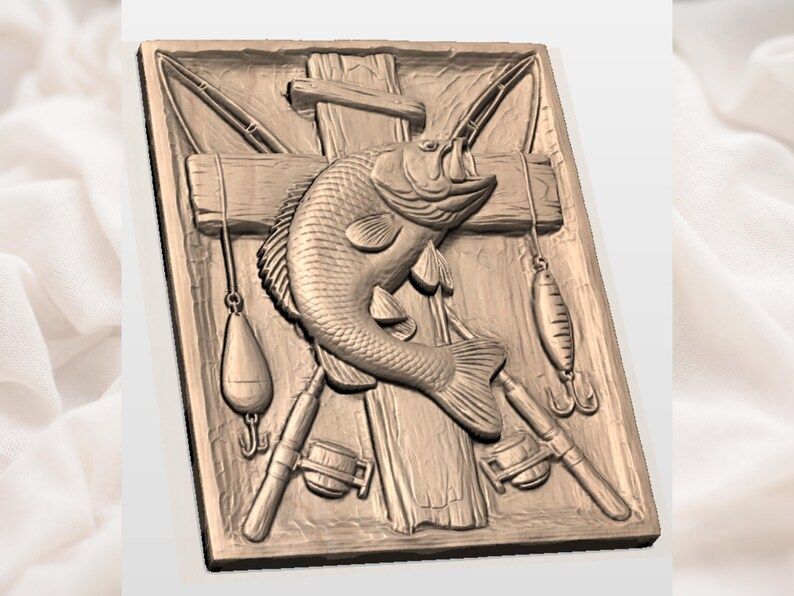 Trophy Bass and Crossed Rods Fishing Relief STL Panel bas-relief STL — view 3