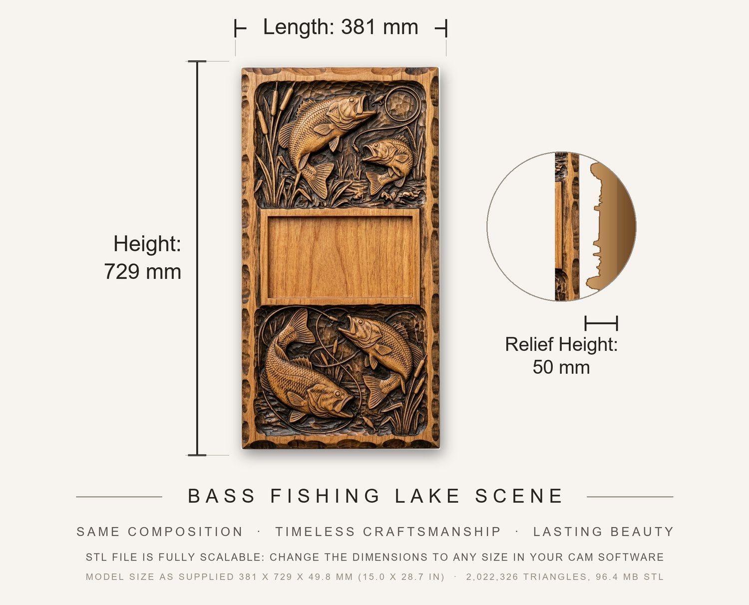 Doorbell plate Bass Fishing Lake Scene CNC Relief STL bas-relief STL — view 3