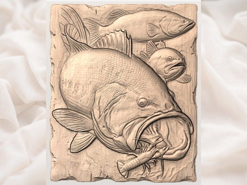Largemouth Bass Striking a Crayfish Bas-Relief STL Scene bas-relief STL — view 2