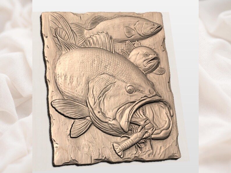Largemouth Bass Striking a Crayfish Bas-Relief STL Scene bas-relief STL — view 3