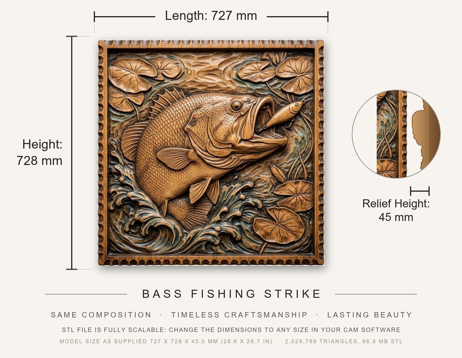 Bass Fishing Strike CNC Relief STL bas-relief STL — view 3