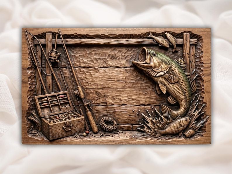 Carved wood relief of a leaping largemouth bass with fishing rod, reel, and open tackle box around a blank sign center