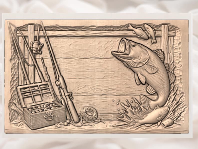 Largemouth Bass and Tackle Box Fishing Plaque STL Relief bas-relief STL — view 2