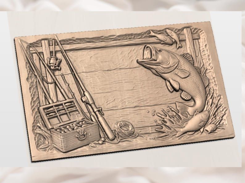 Largemouth Bass and Tackle Box Fishing Plaque STL Relief bas-relief STL — view 3