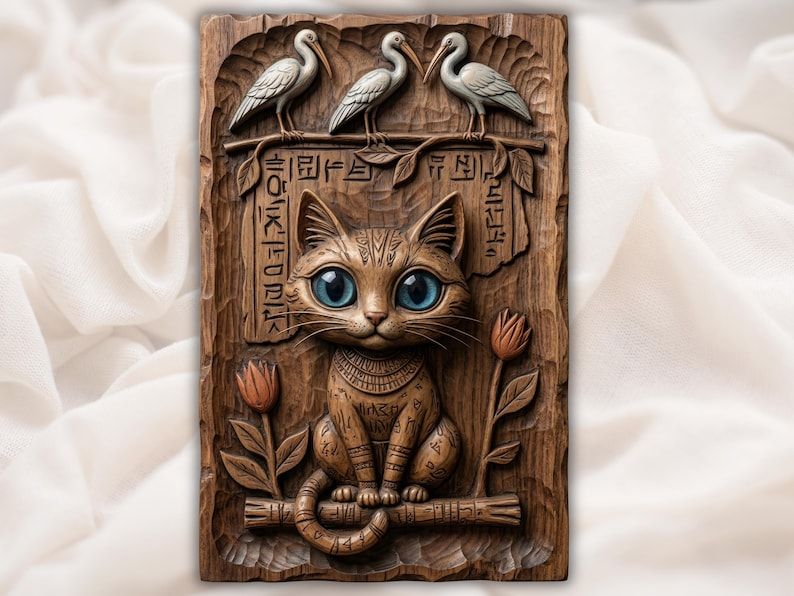 Bas-relief carving of an Egyptian cat with blue eyes, three perched ibis birds, tulips and hieroglyphs