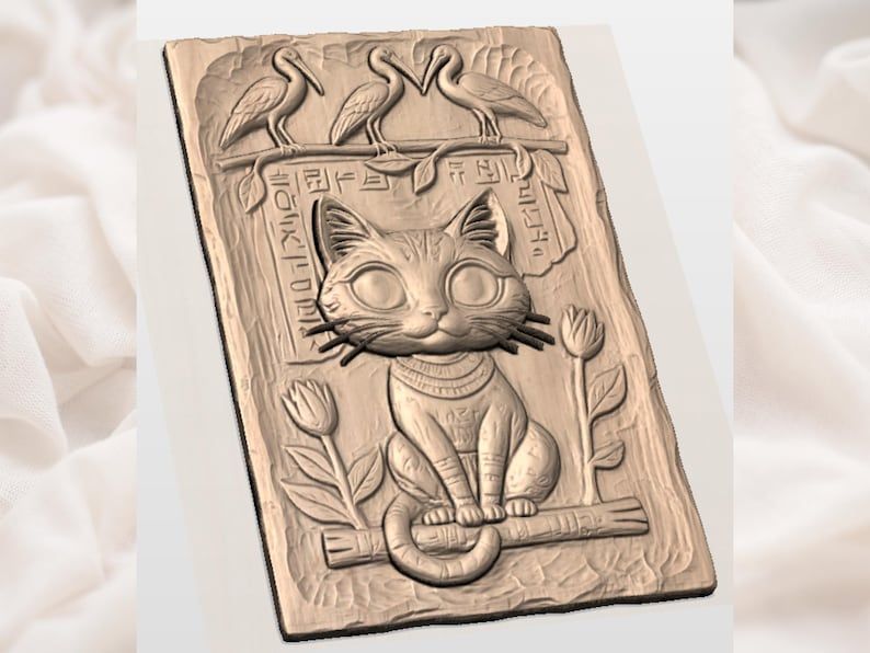 Bastet Cat Bas-Relief with Ibis Birds and Hieroglyphs STL bas-relief STL — view 2