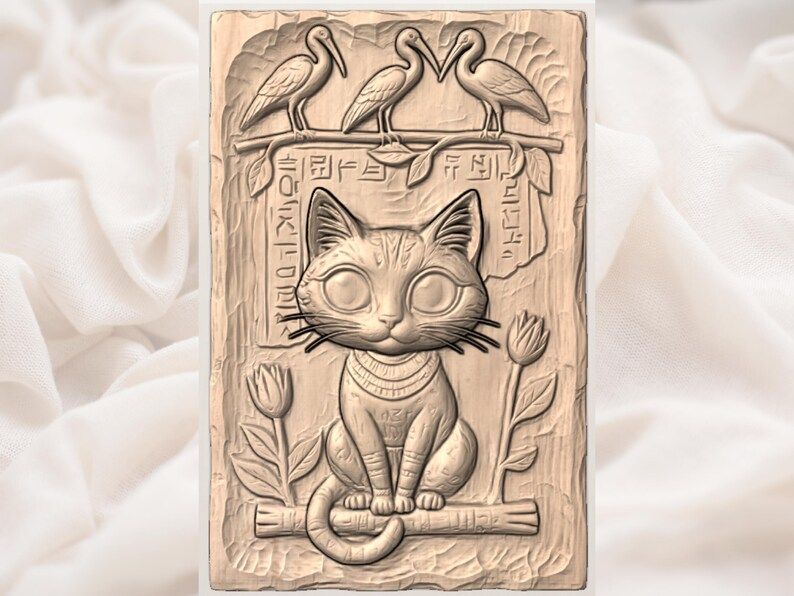 Bastet Cat Bas-Relief with Ibis Birds and Hieroglyphs STL bas-relief STL — view 3
