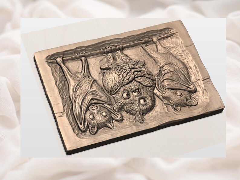 Three Hanging Bats and Owl Bas-Relief Wood Carving STL bas-relief STL — view 2