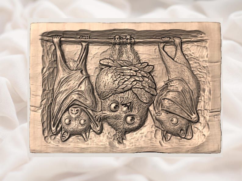 Three Hanging Bats and Owl Bas-Relief Wood Carving STL bas-relief STL — view 3