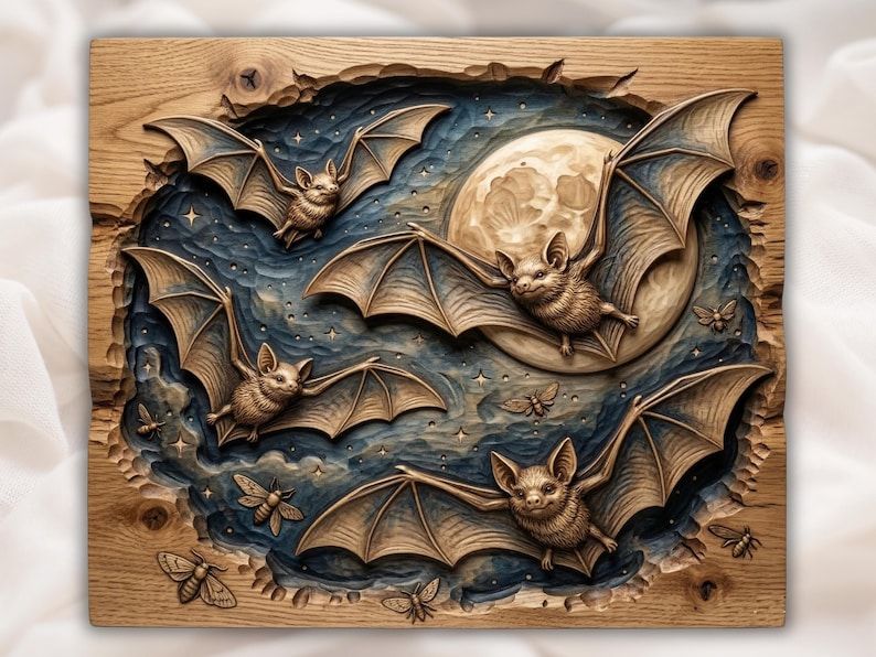 Bas-relief wood carving of four bats flying past a full moon in a starry night sky with small moths