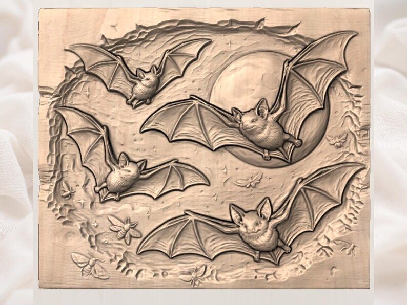 Bats Over a Full Moon Night Sky Bas-Relief STL bas-relief STL — view 2
