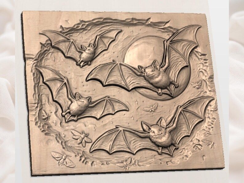 Bats Over a Full Moon Night Sky Bas-Relief STL bas-relief STL — view 3