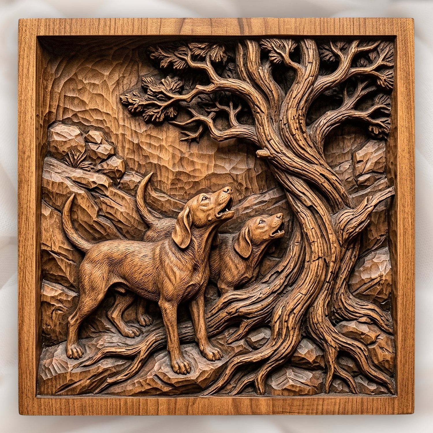Baying Hounds Juniper Tree Scene CNC Relief STL bas-relief STL design