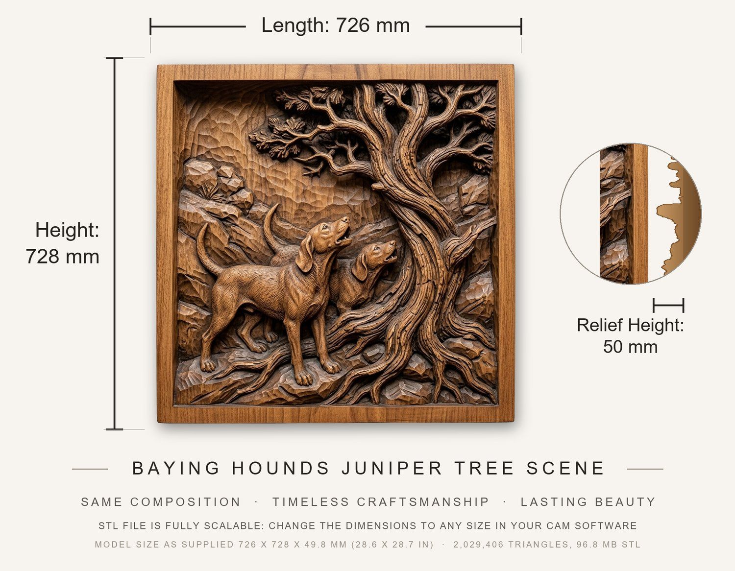 Baying Hounds Juniper Tree Scene CNC Relief STL bas-relief STL — view 3