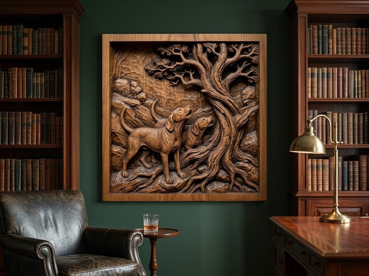 Baying Hounds Juniper Tree Scene CNC Relief STL bas-relief STL — view 14