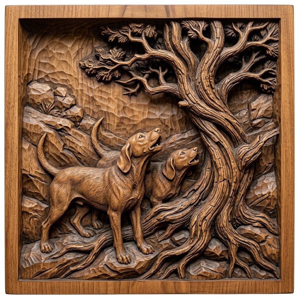 Baying Hounds Juniper Tree Scene CNC Relief STL bas-relief STL — view 4