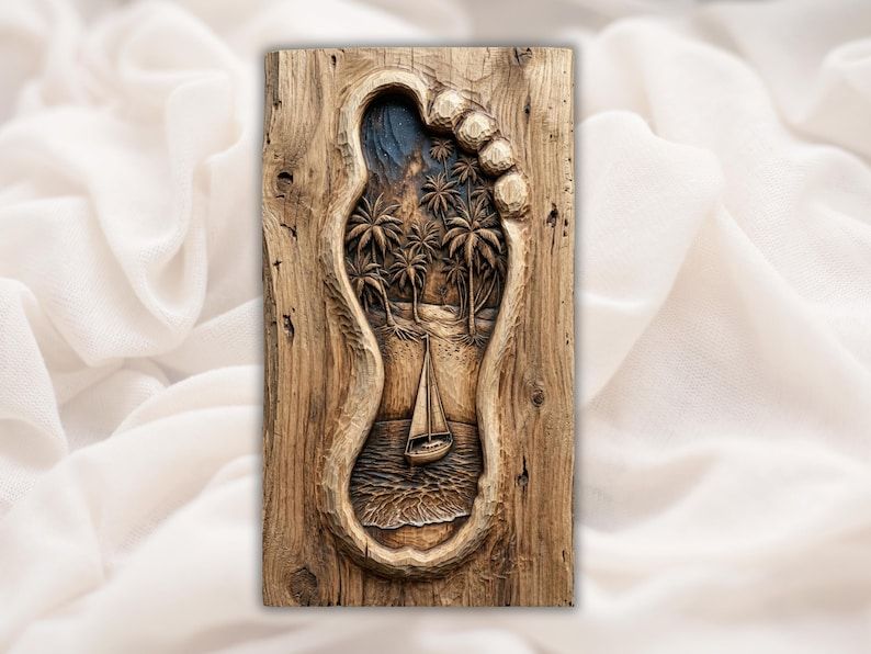 Carved wood relief of a footprint framing a palm beach, sailboat, and night sky scene