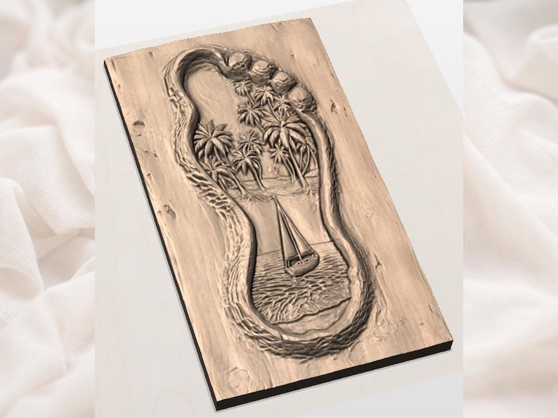 Beach Footprint Relief STL with Palms, Sailboat and Night Sky bas-relief STL — view 2