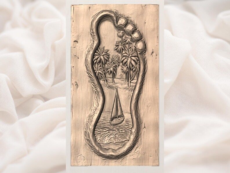 Beach Footprint Relief STL with Palms, Sailboat and Night Sky bas-relief STL — view 3