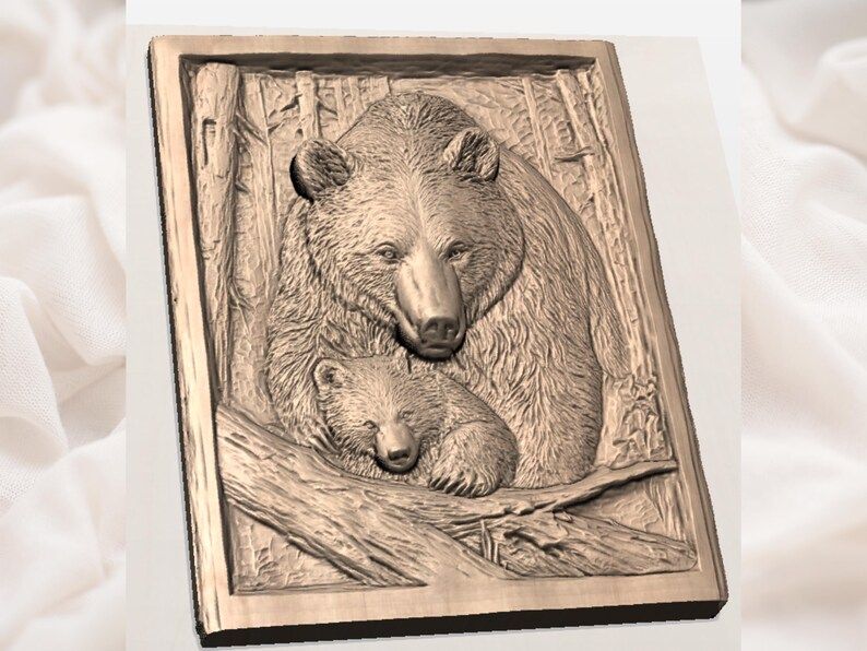 Mother Bear and Sleeping Cub Bas-Relief Carving STL bas-relief STL — view 2