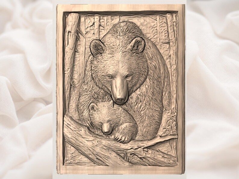 Mother Bear and Sleeping Cub Bas-Relief Carving STL bas-relief STL — view 3