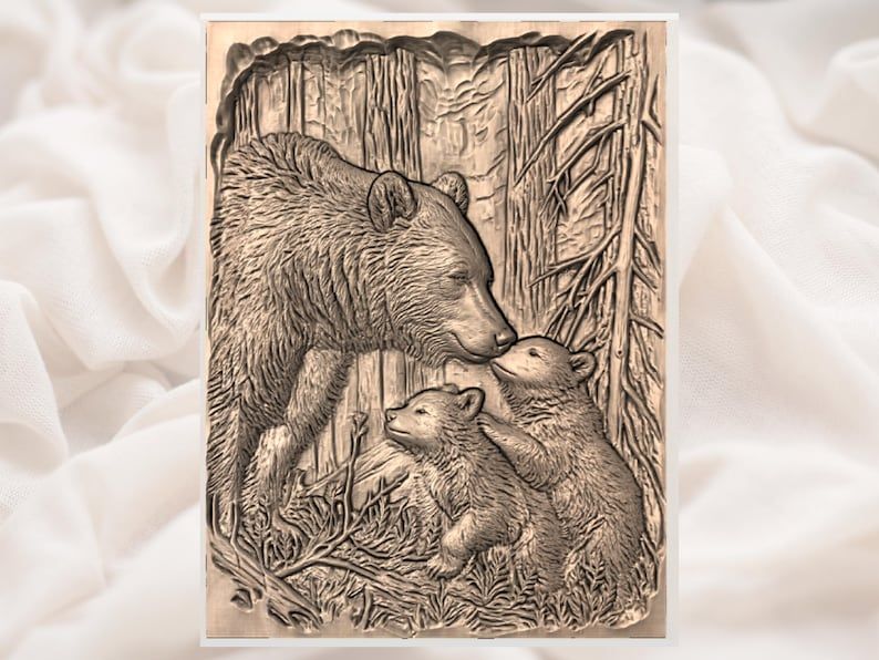 Mama Bear and Two Cubs Forest Relief STL for CNC Carving bas-relief STL — view 2