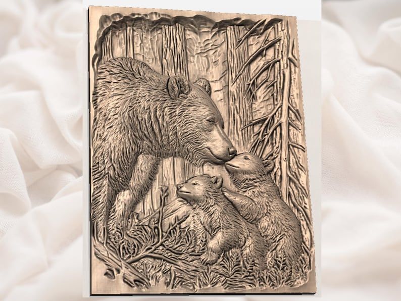 Mama Bear and Two Cubs Forest Relief STL for CNC Carving bas-relief STL — view 3