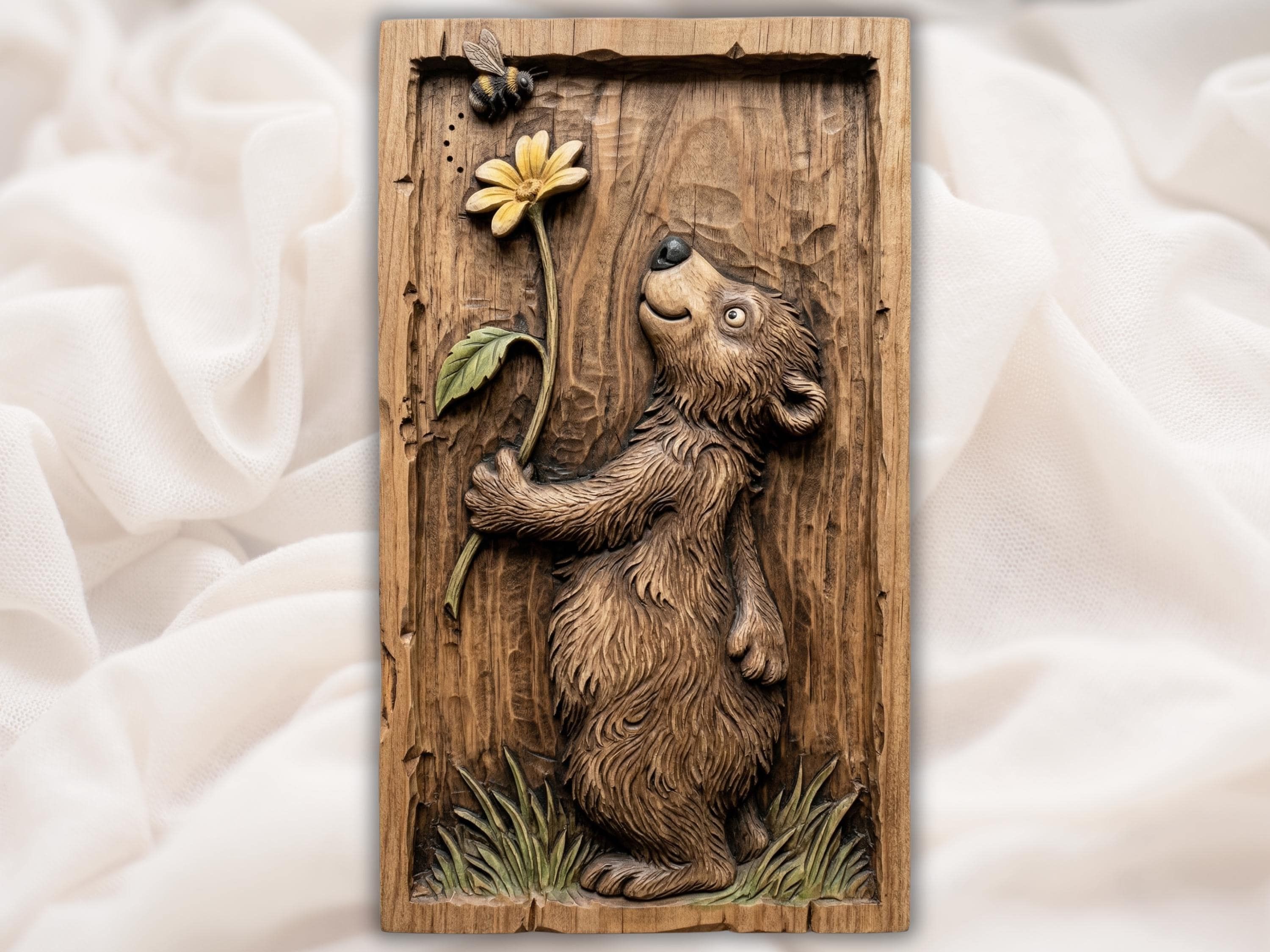 Carved wood bas-relief of a smiling bear reaching for a yellow daisy with a bumblebee nearby and grass below.
