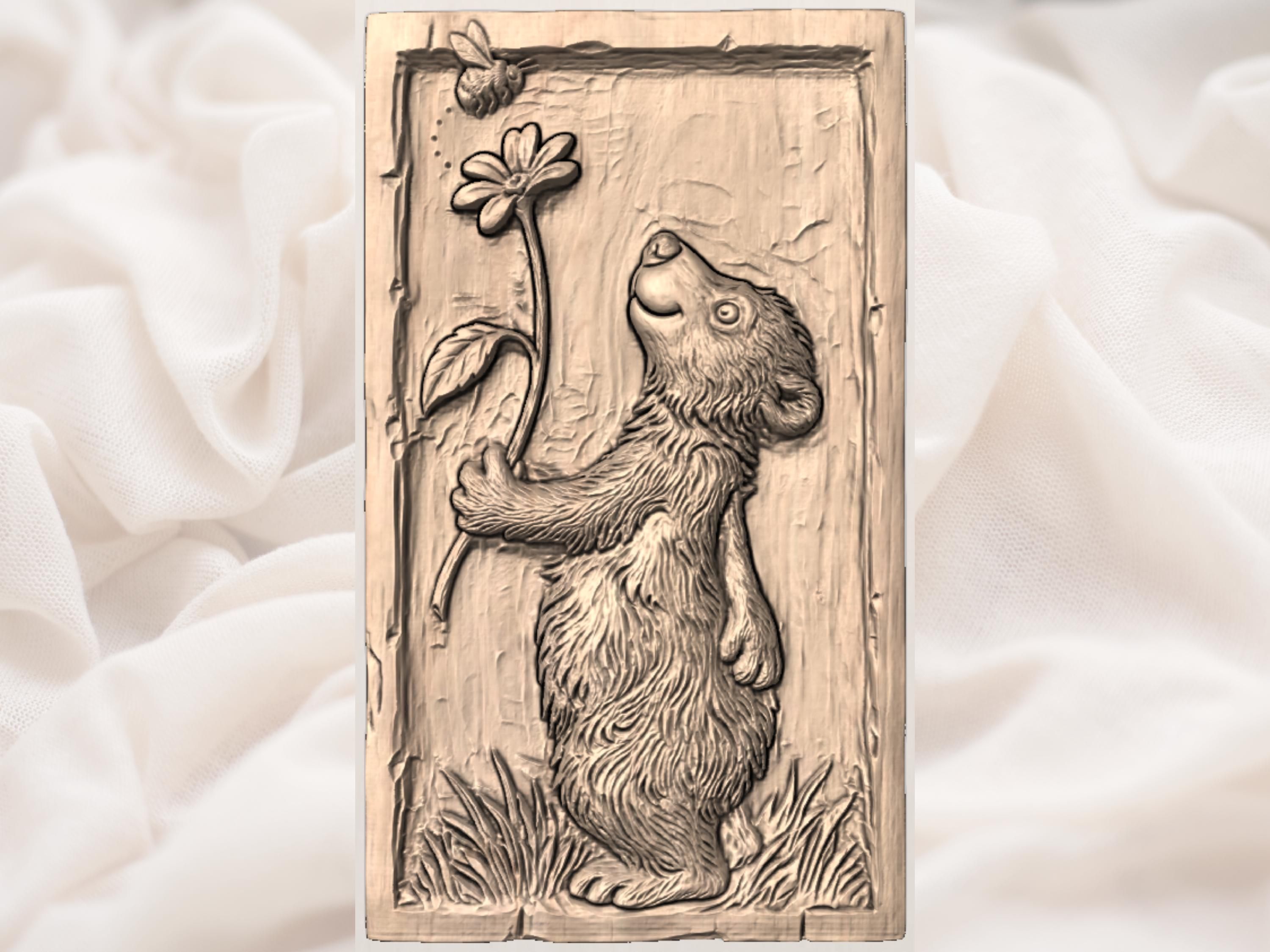 Curious Bear Reaching for a Daisy with a Bumblebee Relief bas-relief STL — view 2