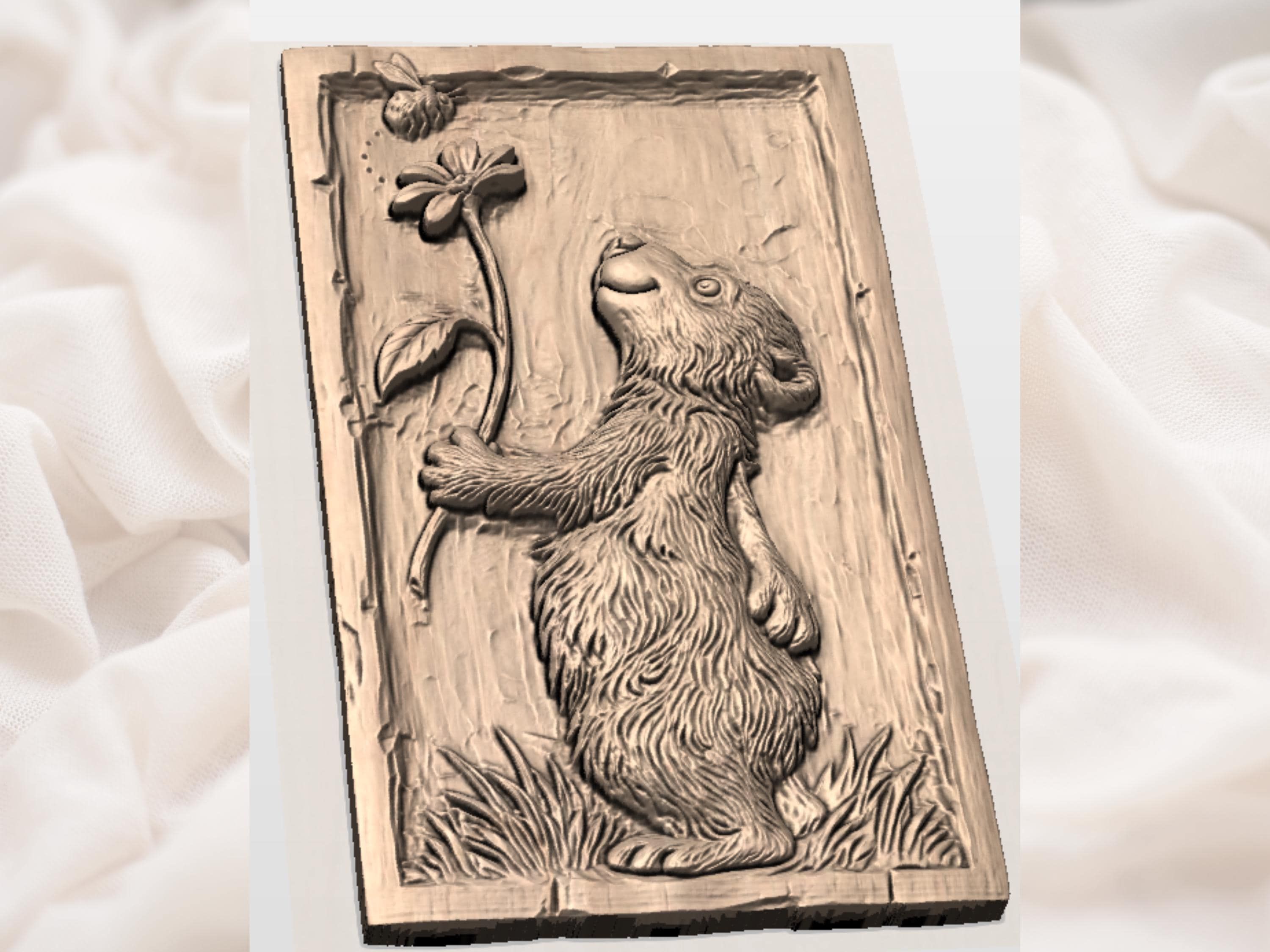 Curious Bear Reaching for a Daisy with a Bumblebee Relief bas-relief STL — view 3