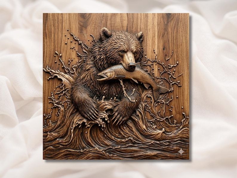 Carved wood relief of a grizzly bear catching a salmon in its mouth amid churning splashing water