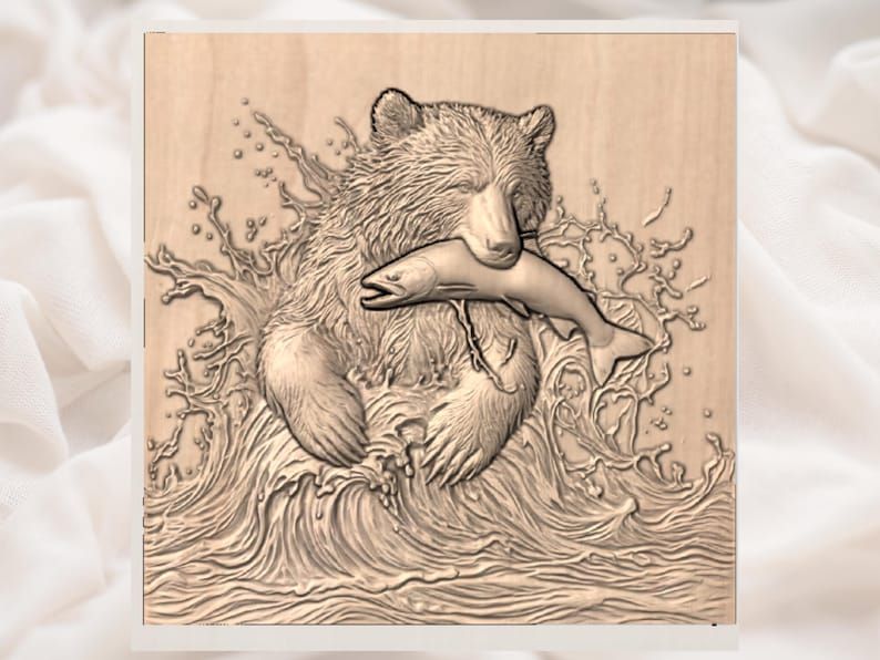 Grizzly Bear Catching Salmon in Churning Water Relief STL bas-relief STL — view 2
