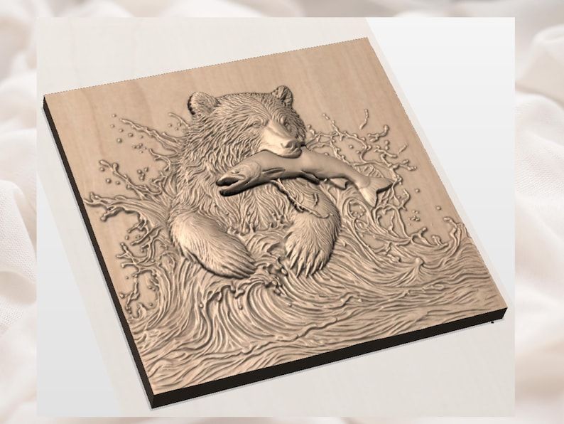 Grizzly Bear Catching Salmon in Churning Water Relief STL bas-relief STL — view 3