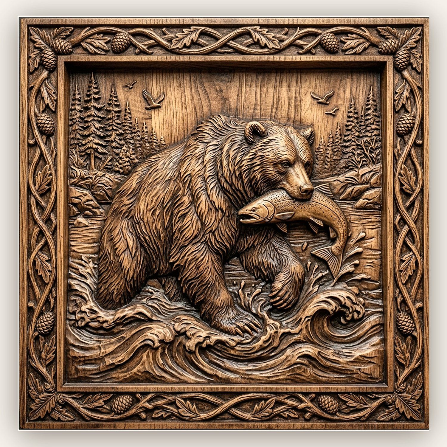 Bear Catching Salmon River CNC Relief STL bas-relief STL design