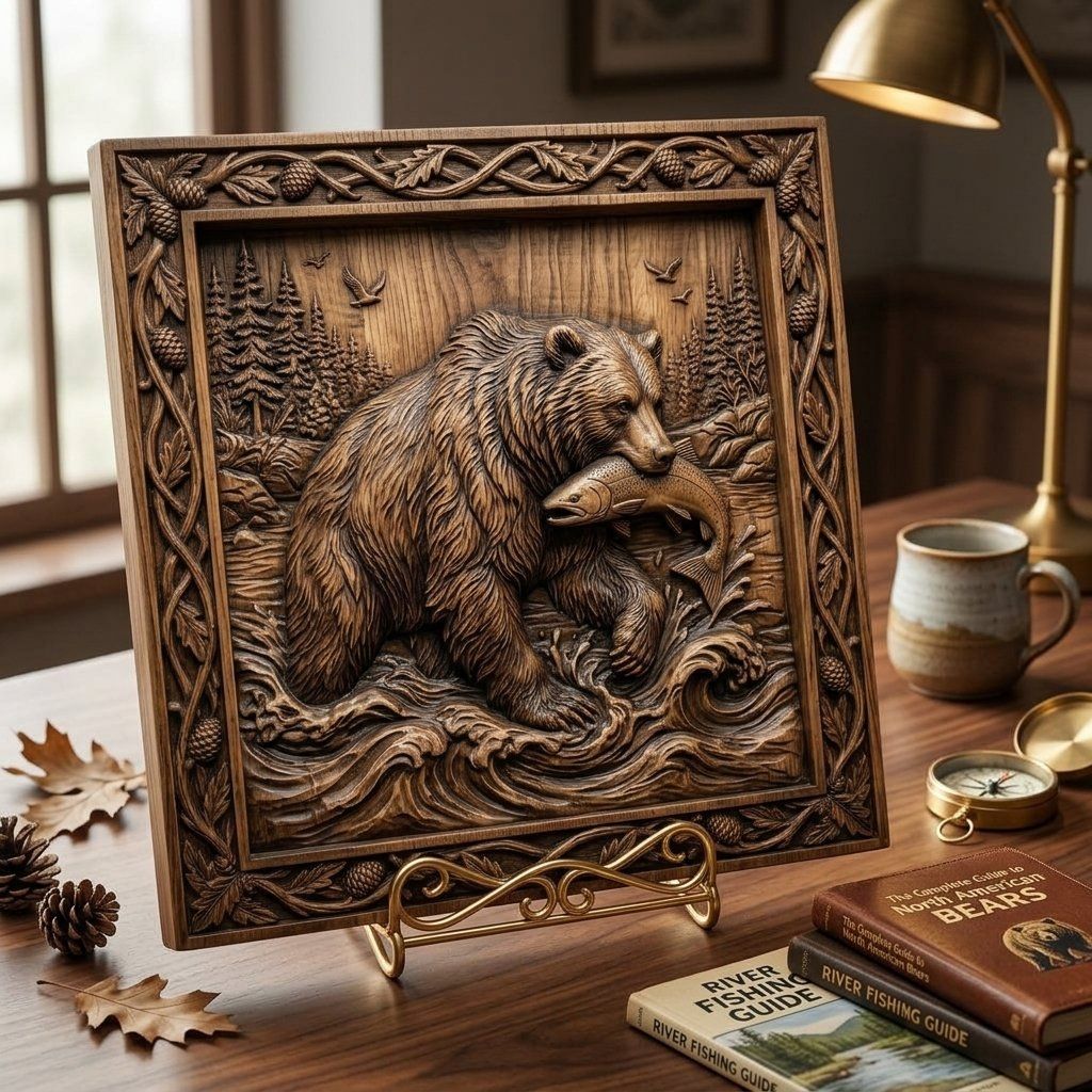 Bear Catching Salmon River CNC Relief STL bas-relief STL — view 3