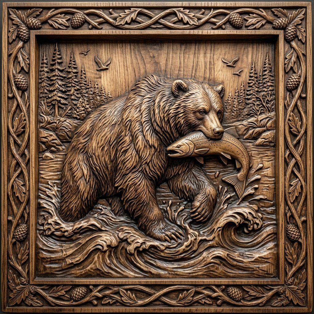 Bear Catching Salmon River CNC Relief STL bas-relief STL — view 12