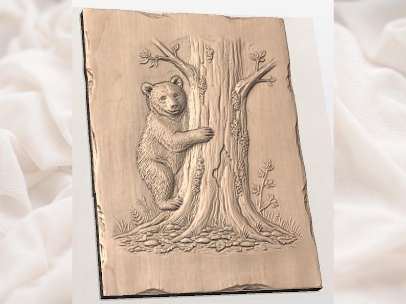 Bear Cub Hugging a Tree Bas-Relief STL for CNC Carving bas-relief STL — view 2