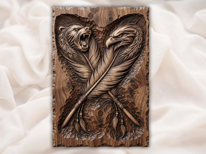 Bas-relief wood carving of a roaring bear and an eagle over two crossed feathers tied at the center.