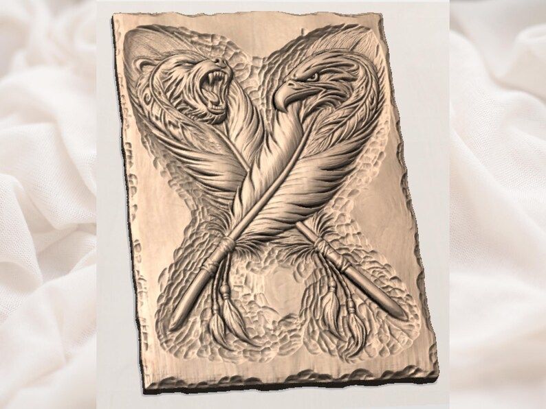Roaring Bear and Eagle Crossed Feathers Bas-Relief STL bas-relief STL — view 2