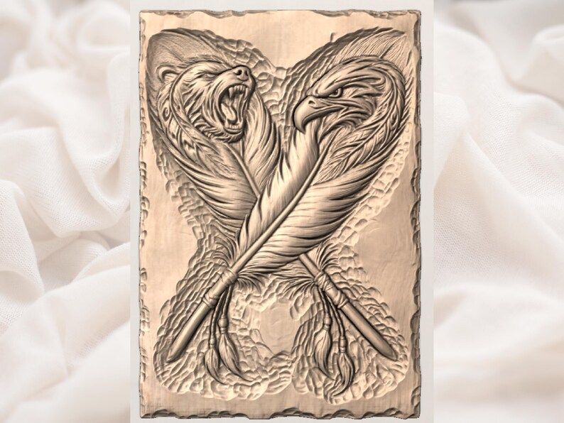 Roaring Bear and Eagle Crossed Feathers Bas-Relief STL bas-relief STL — view 3