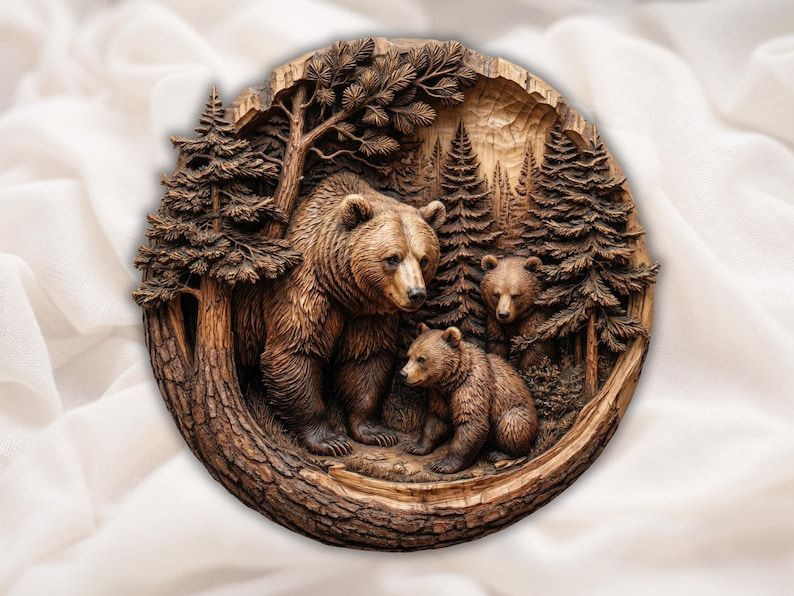 Bas-relief wood carving of a mother bear and two cubs in a pine forest inside a round bark-edged plaque.