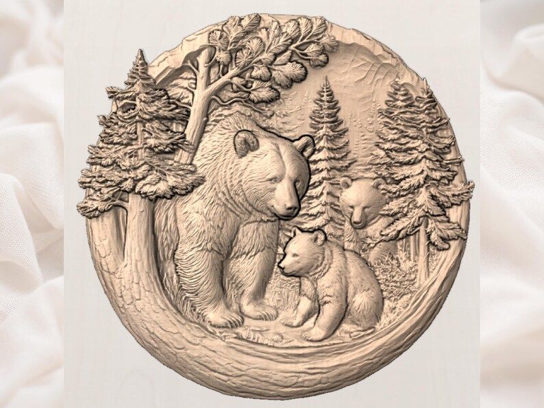 Mother Bear and Two Cubs Forest Round Relief STL bas-relief STL — view 2