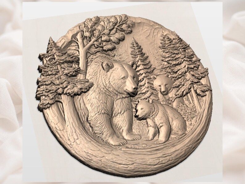 Mother Bear and Two Cubs Forest Round Relief STL bas-relief STL — view 3