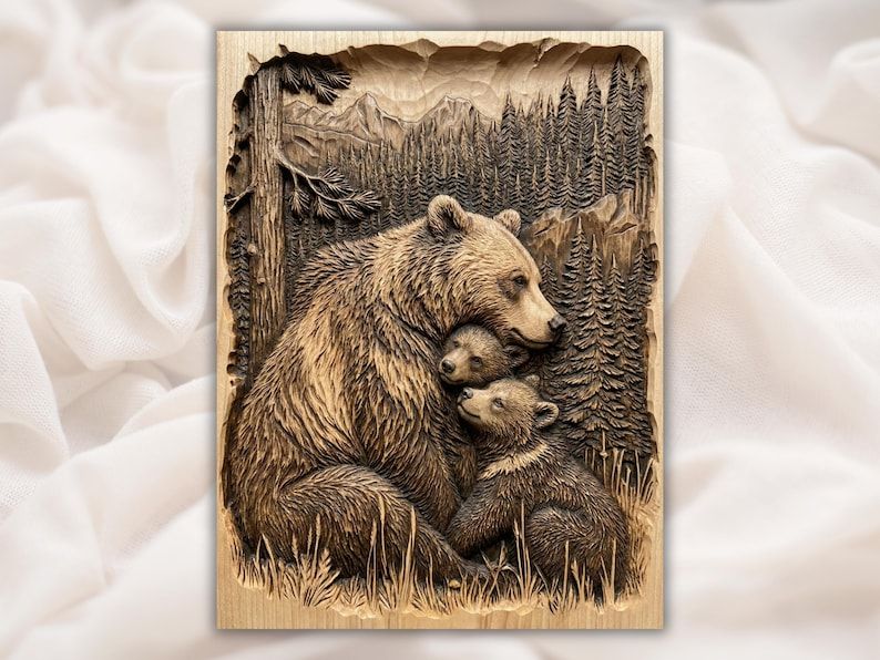 Carved wood bas-relief of a mother bear hugging two cubs with pine forest and mountains behind
