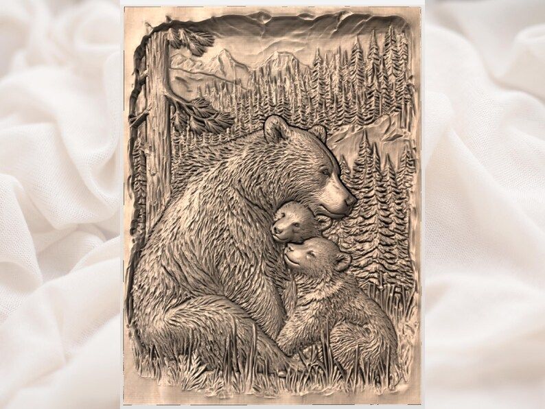 Mother Bear and Cubs Bas-Relief STL with Pine Forest Scene bas-relief STL — view 2