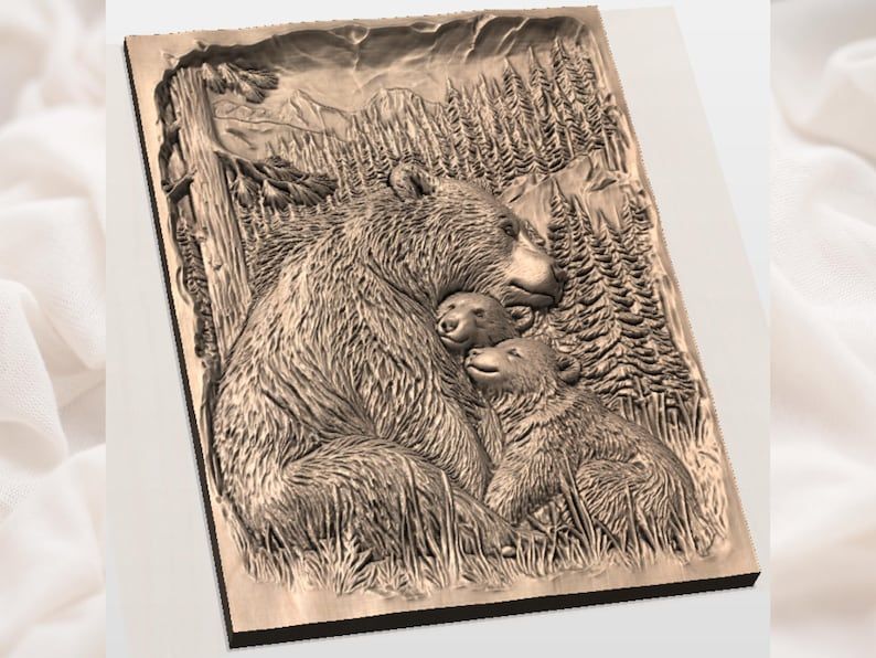 Mother Bear and Cubs Bas-Relief STL with Pine Forest Scene bas-relief STL — view 3