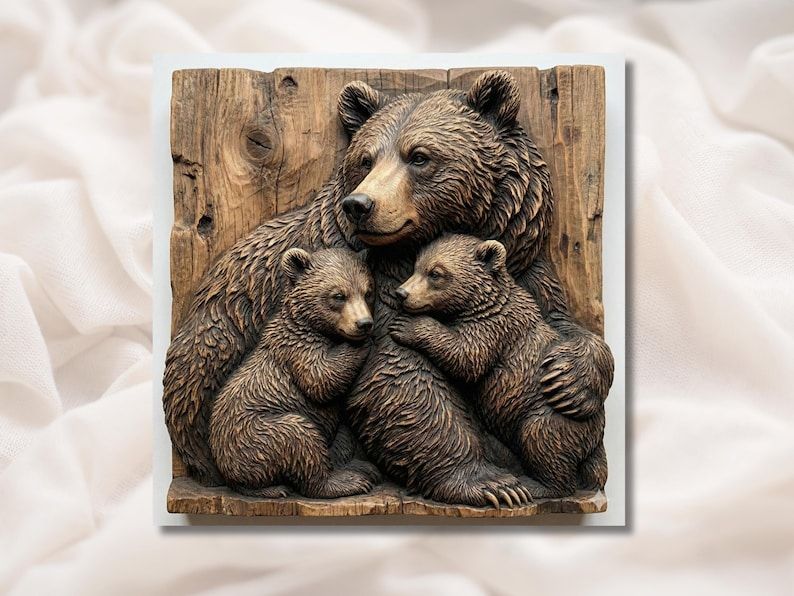 Carved wood bas-relief of a mama bear cuddling two cubs against a rustic timber plank background