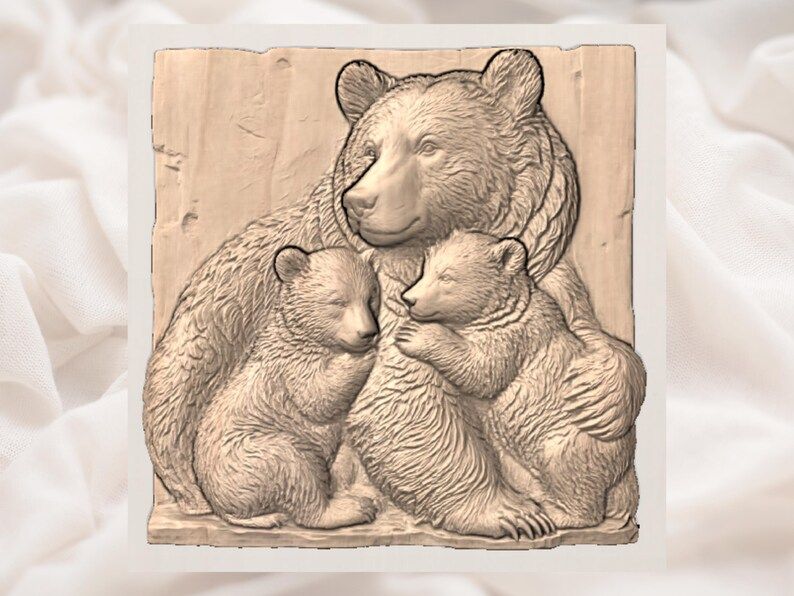 Mama Bear and Two Cubs Bas-Relief STL Wildlife Wall Panel bas-relief STL — view 2