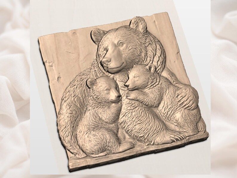 Mama Bear and Two Cubs Bas-Relief STL Wildlife Wall Panel bas-relief STL — view 3